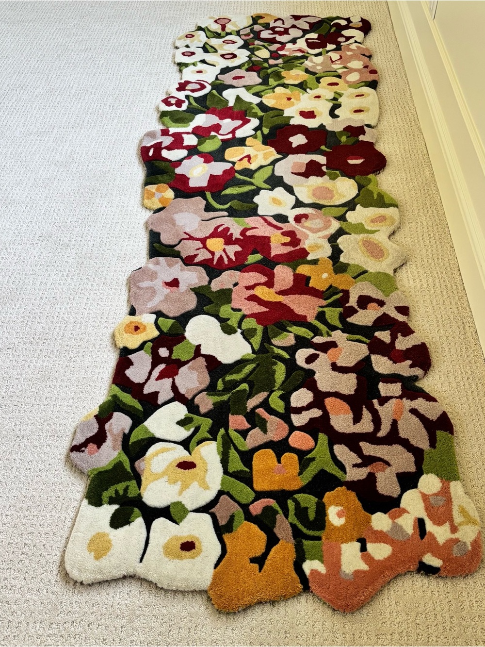 Floral Runner Rug in Green, White, Burgundy, Pink & Mustard
